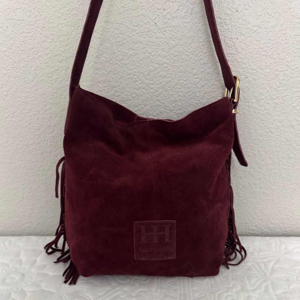 Haute Hippie Burgundy Suede Fringe Shoulder Bag Boho Western Hobo Slouchy Wine - Picture 3 of 15